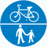 C-13 C-16 Droga dla pieszych i kierujących rowerami jednośladowymi. Umieszczone na jednej tarczy symbole znaków C-13 i C-16 oznaczają, że droga jest przeznaczona dla pieszych i kierujących rowerami jednośladowymi; Symbole oddzielone kreską poziomą oznaczają, że ruch pieszych i rowerzystów odbywa się na całej szerokości jezdni