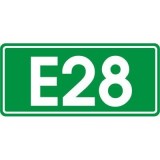 E-16 Numer szlaku międzynarodowego. Wskazuje numer i rodzaj (kategorię) drogi
