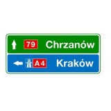 E-2e Drogowskaz tablicowy umieszczany przed wjazdem na autostradę. Wskazuje na skrzyżowaniu lub bezpośrednio przed nim kierunki do miejscowości lub dzielnic miast.